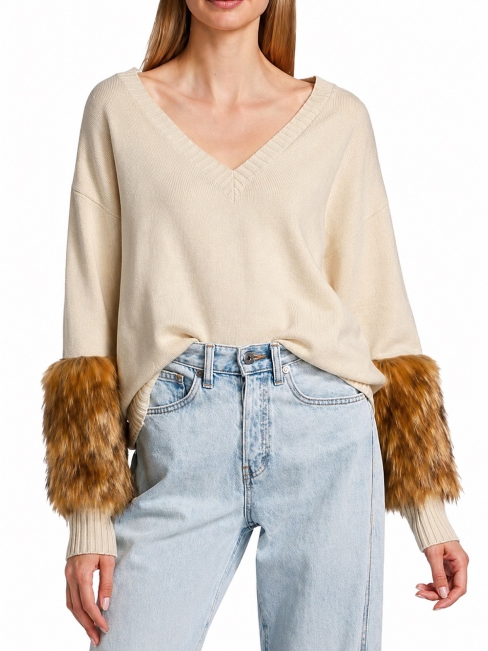 NWT $360 Naadam Wool Cashmere Blend Sweater Faux Fur Cuff Cream Ivory Size Small